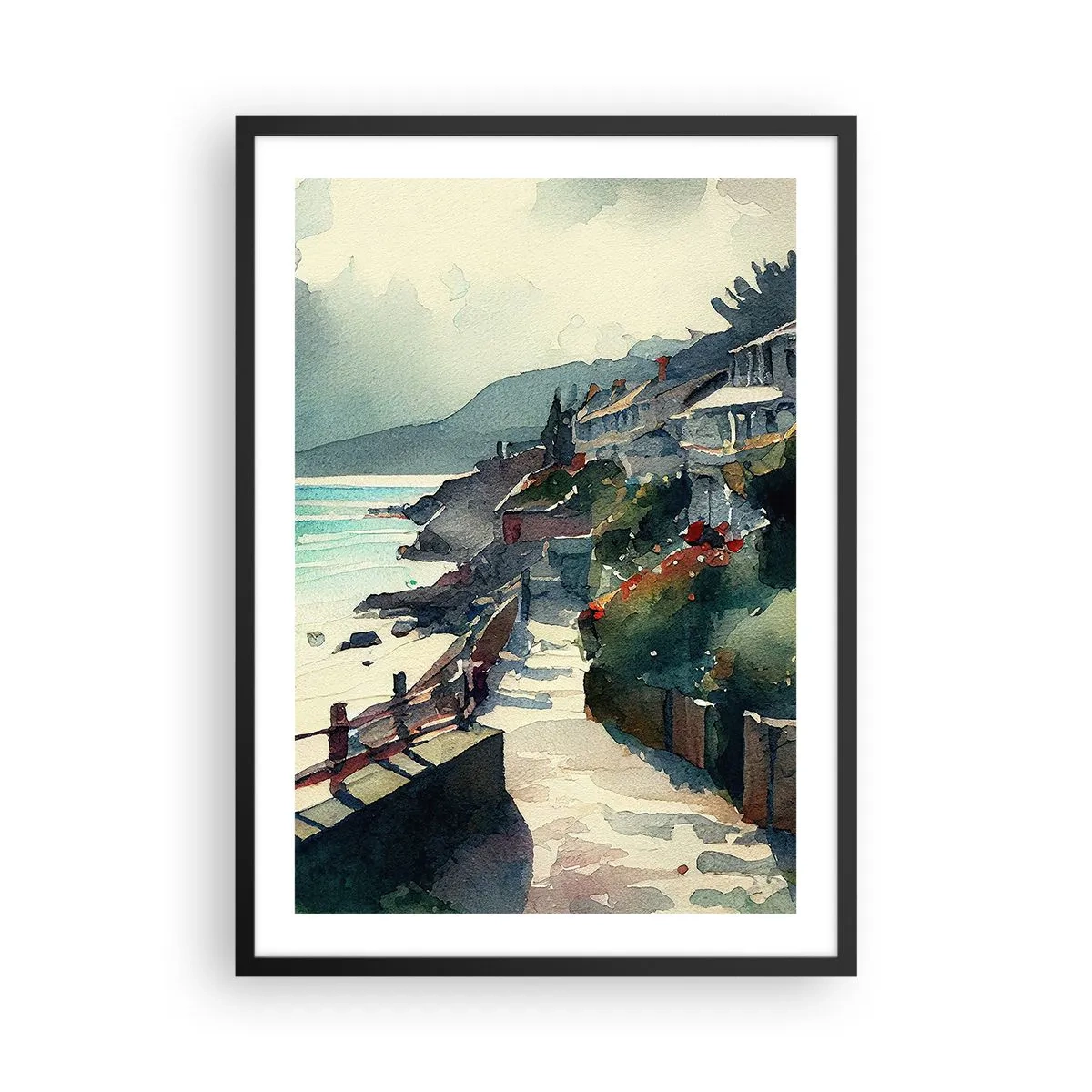 Plakát v černém rámu - Malebná přímořská cesta ve stylu akvarelu - 50x70cm - Středomořské městečko - Moderní nástěnná dekorace do obývacího pokoje a ložnice ARTTOR