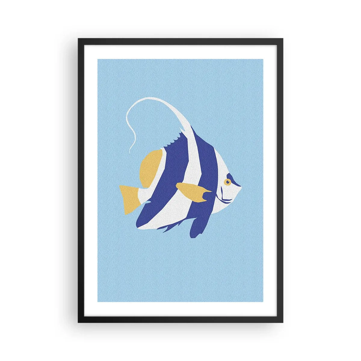 Plakát v černém rámu - Minimalistická grafika exotické ryby na modrém pozadí. - 50x70cm - Miss tropických vod - Moderní nástěnná dekorace do obývacího pokoje a ložnice ARTTOR