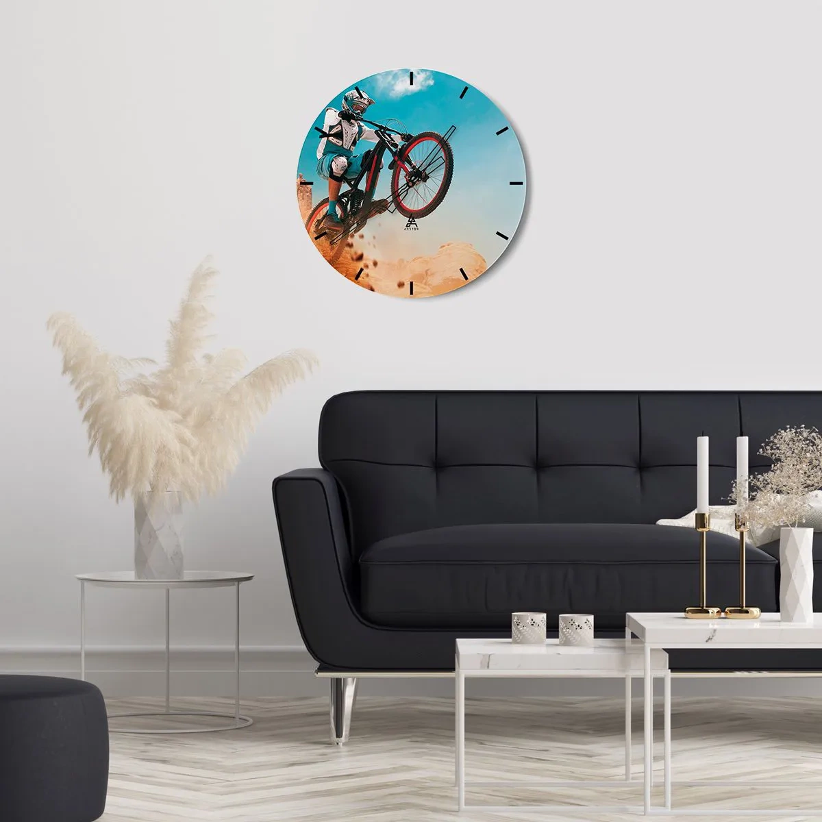 Nástěnné hodiny - Jezdec na horském kole skáče - 30x30cm - Cyklistický démon šílenství - Moderní nástěnná dekorace do obývacího pokoje, kuchyně a ložnice ARTTOR