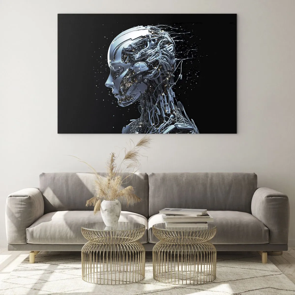 Obraz na skle - Profil ženského robota s dráty a mechanismy - 70x50cm - Technologie je žena - Moderní nástěnná dekorace do obývacího pokoje a ložnice ARTTOR