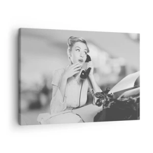 Obraz na plátně - Žena mluvící po telefonu u psacího stroje - 70x50cm - Halo, tady jsou 50. léta. - Moderní nástěnná dekorace do obývacího pokoje a ložnice ARTTOR