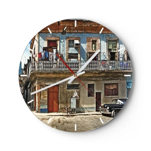 Nástěnné hodiny - Barevná fasáda staré budovy s balkonem a prádelnou - 30x30cm - Havajský nádech - Moderní nástěnná dekorace do obývacího pokoje, kuchyně a ložnice ARTTOR