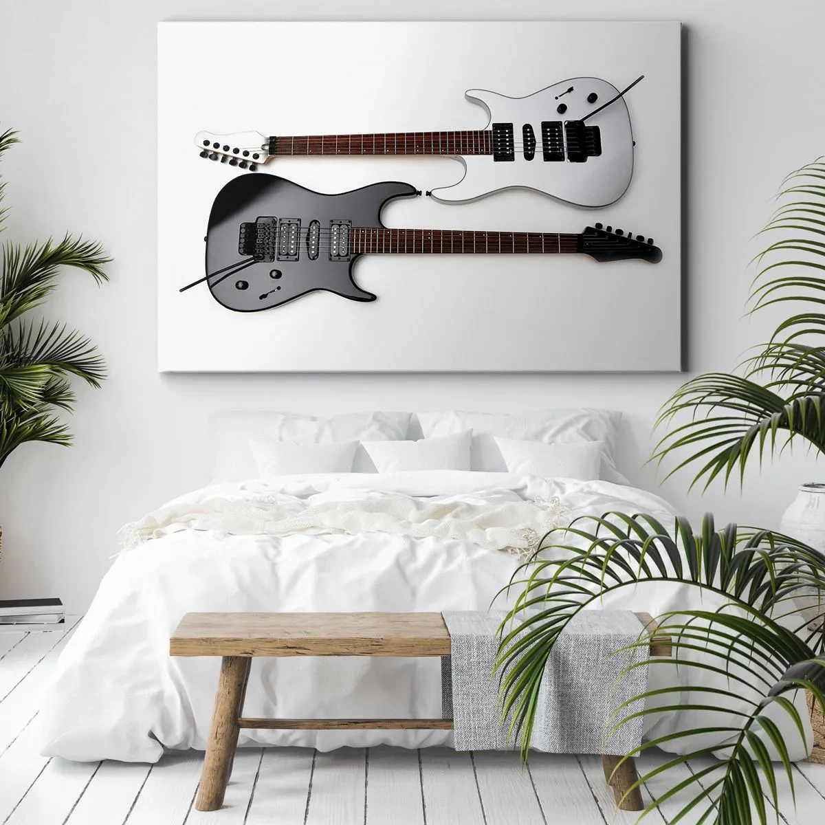 Obraz na plátně - Dvě elektrické kytary v černé a bílé barvě na světlém pozadí. - 70x50cm - Harmonie tvarů - Moderní nástěnná dekorace do obývacího pokoje a ložnice ARTTOR