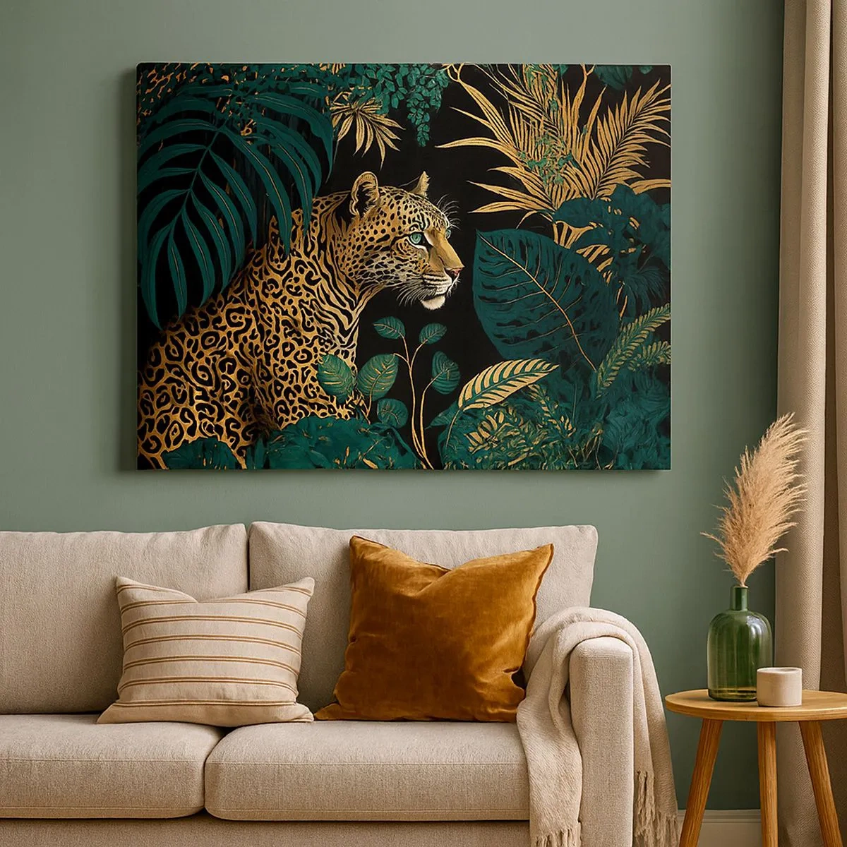 Obraz na plátně - Leopard v tropických listech na černém pozadí - 70x50cm - Domácí v džungli - Moderní nástěnná dekorace do obývacího pokoje a ložnice ARTTOR