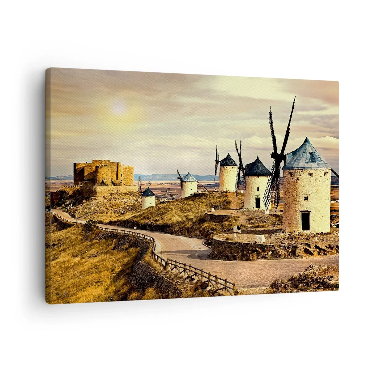 Obraz na plátně - Větrné mlýny na kopcích s historickým hradem v pozadí - 70x50cm - Brzy se objeví Don Quijote - Moderní nástěnná dekorace do obývacího pokoje a ložnice ARTTOR