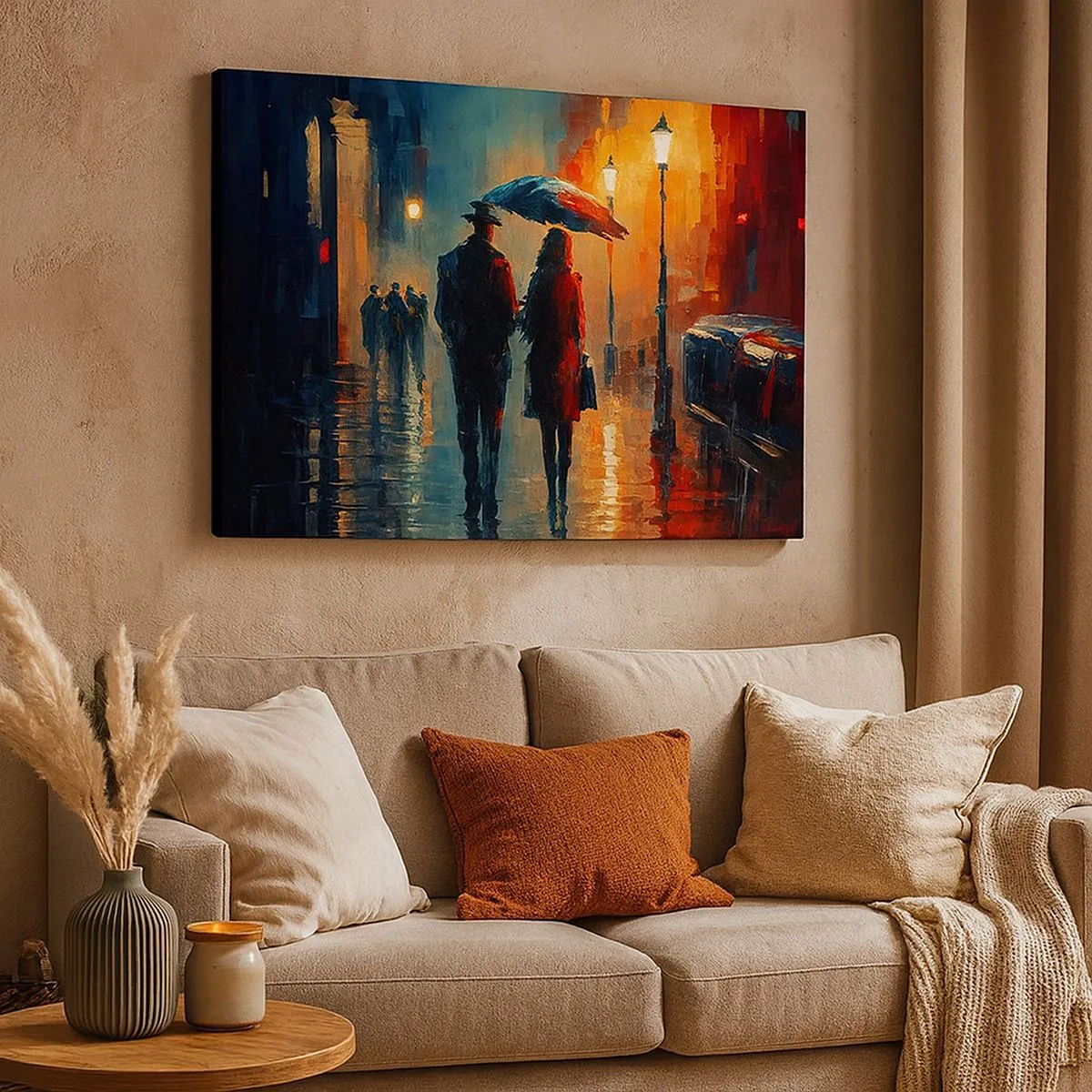 Obraz na plátně - Chůze v dešti pod deštníkem ve městě v noci - 70x50cm - Městská love story - Moderní nástěnná dekorace do obývacího pokoje a ložnice ARTTOR