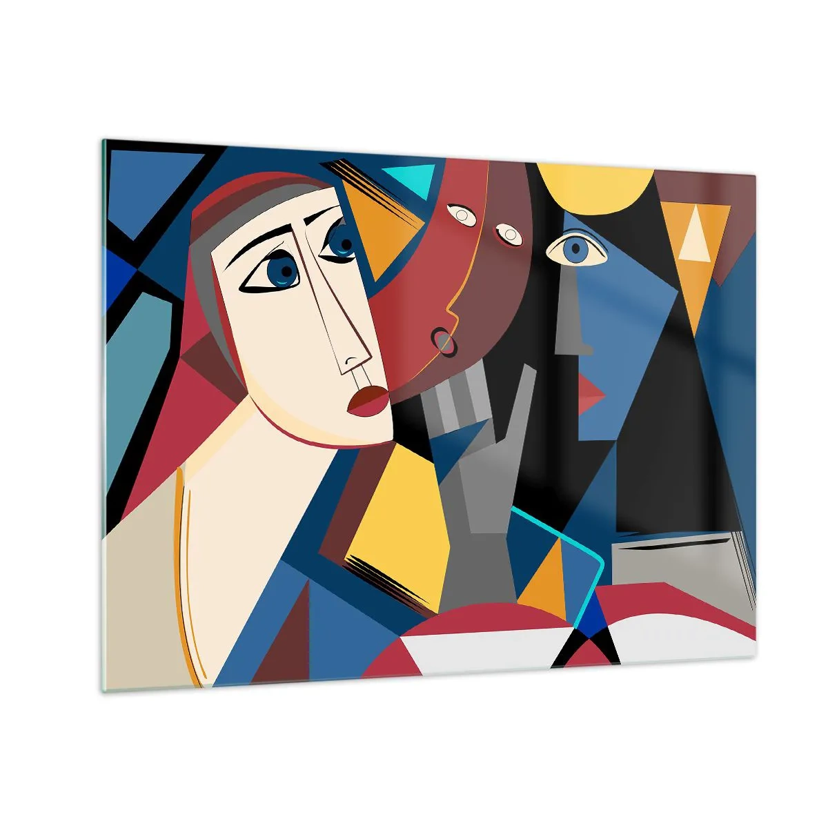 Obraz na skle - Kubistické tváře v intenzivních barvách - 70x50cm - Konverzace kubistů - Moderní nástěnná dekorace do obývacího pokoje a ložnice ARTTOR