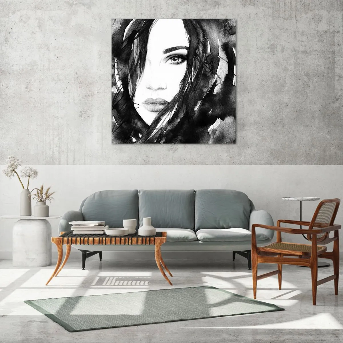 Obraz na skle - Portrét dámy v černé a bílé - 70x70 cm