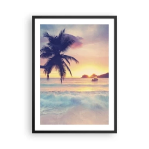 Plakát v černém rámu - Palma na pláži při západu slunce - 50x70cm - Večer v zátoce - Moderní nástěnná dekorace do obývacího pokoje a ložnice ARTTOR