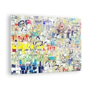 Obraz na skle - Abstraktní kompozice se směsicí barev a nápisů. - 70x50cm - Prostě potěší oči - Moderní nástěnná dekorace do obývacího pokoje a ložnice ARTTOR