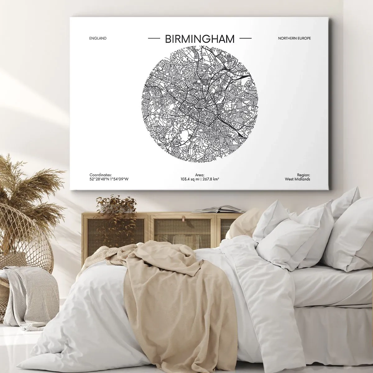 Obraz na plátně - Minimalistická černobílá mapa Birminghamu s přesnými detaily. - 70x50cm - Anatomie Birminghamu - Moderní nástěnná dekorace do obývacího pokoje a ložnice ARTTOR
