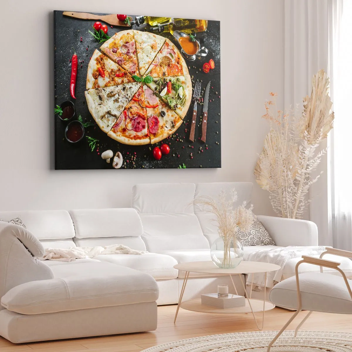 Obraz na plátně - Pizza v různých příchutích s pozadím z ingrediencí - 70x50cm - Vějíř chutí - Moderní nástěnná dekorace do obývacího pokoje a ložnice ARTTOR