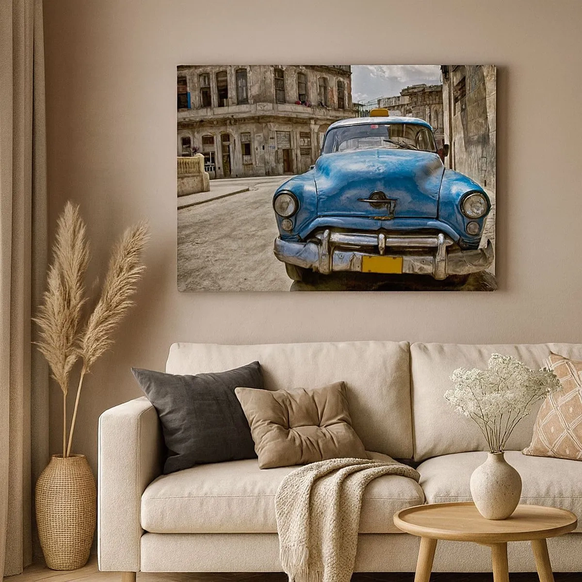 Obraz na plátně - Staré modré auto na ulici v retro stylu - 70x50cm - Staré je krásné - Moderní nástěnná dekorace do obývacího pokoje a ložnice ARTTOR