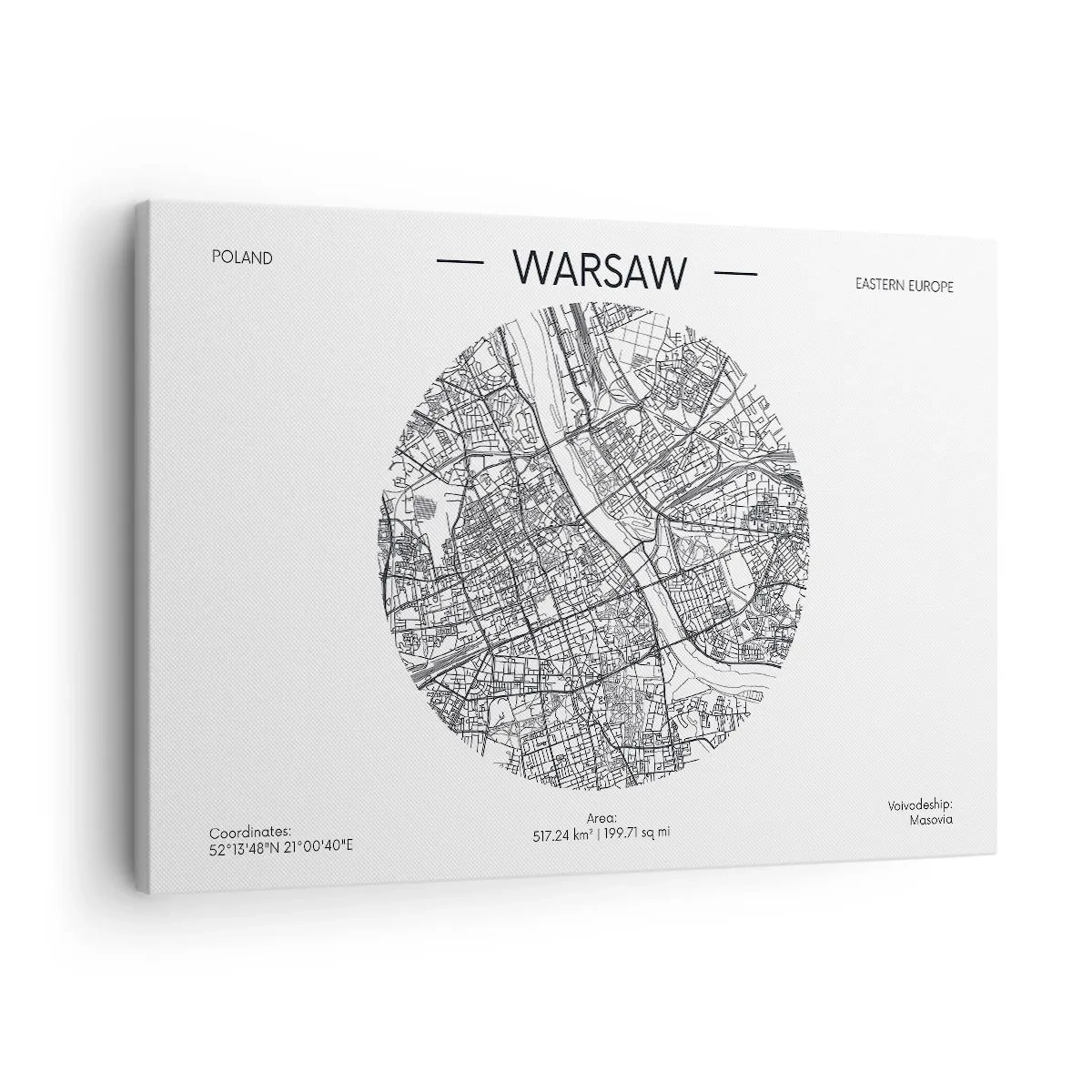 Obraz na plátně - Mapa Varšavy v minimalistickém stylu - 70x50cm - Anatomie Varšavy - Moderní nástěnná dekorace do obývacího pokoje a ložnice ARTTOR