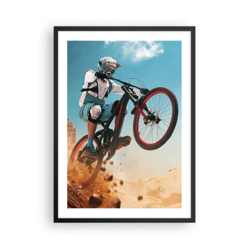 Plakát v černém rámu - Horský cyklista provádí dynamický skok na pozadí pouštní krajiny. - 50x70cm - Cyklistický démon šílenství - Moderní nástěnná dekorace do obývacího pokoje a ložnice ARTTOR