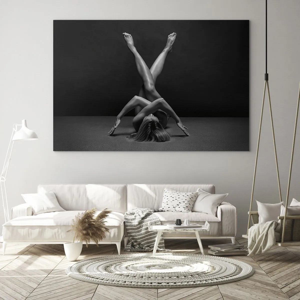 Obraz na skle - Nahá žena v geometrické kompozici těla - 70x50cm - Geometrie nahoty - Moderní nástěnná dekorace do obývacího pokoje a ložnice ARTTOR