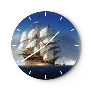 Nástěnné hodiny - Plachetnice s roztaženými plachtami pluje po moři proti větru. - 30x30cm - The great glory! - Moderní nástěnná dekorace do obývacího pokoje, kuchyně a ložnice ARTTOR