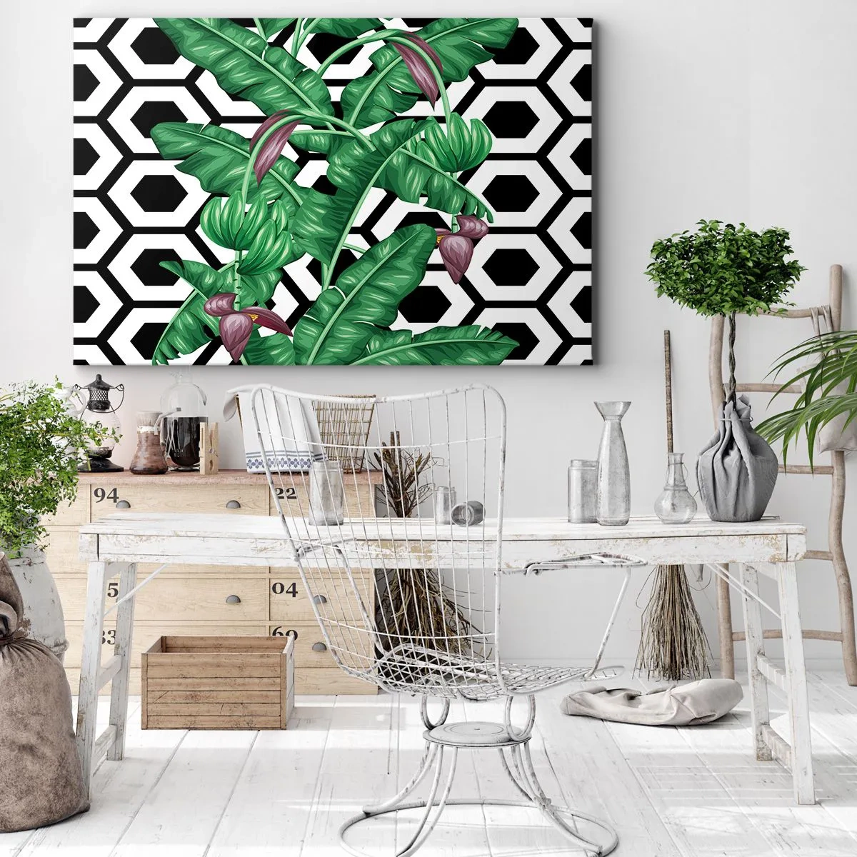 Obraz na plátně - Tropické listy na geometrickém pozadí - 70x50cm - Symetrická kompozice z přírody - Moderní nástěnná dekorace do obývacího pokoje a ložnice ARTTOR