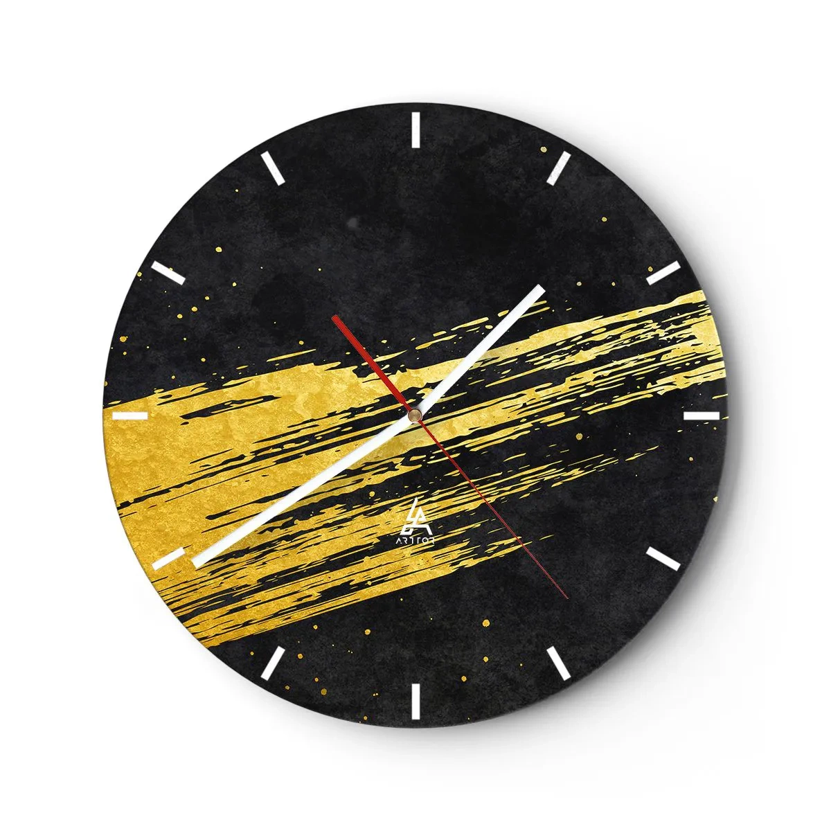 Nástěnné hodiny - Zlatý dynamický tah štětcem na černém pozadí - 30x30cm - Skok do hyperprostoru - Moderní nástěnná dekorace do obývacího pokoje, kuchyně a ložnice ARTTOR