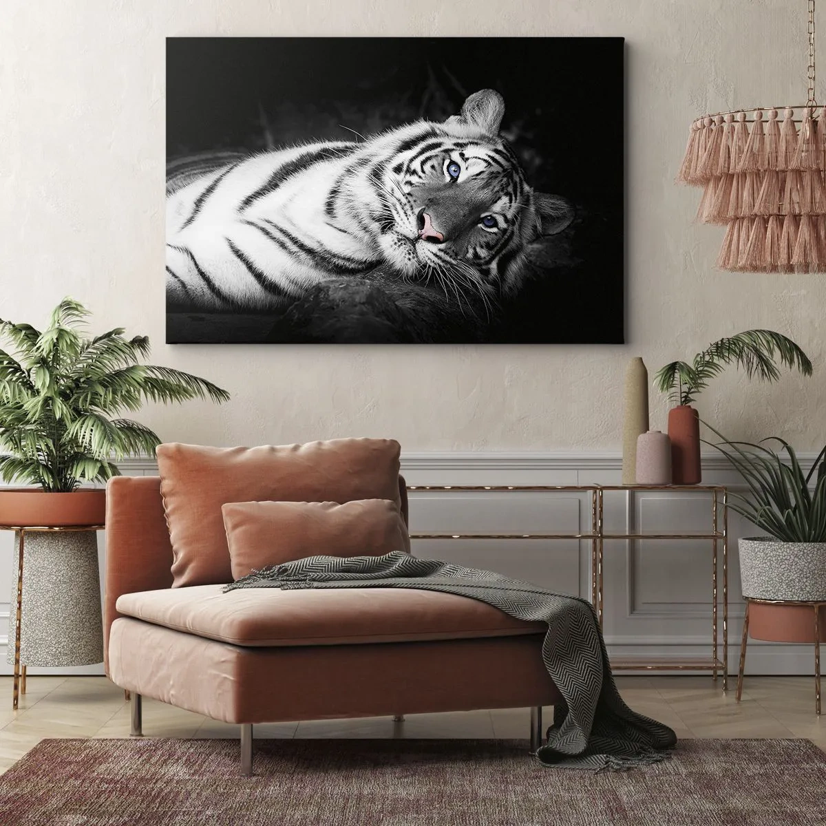 Obraz na plátně - Umělecky vykreslený bílý tygr na černém pozadí - 70x50cm - Divočina a klid - Moderní nástěnná dekorace do obývacího pokoje a ložnice ARTTOR