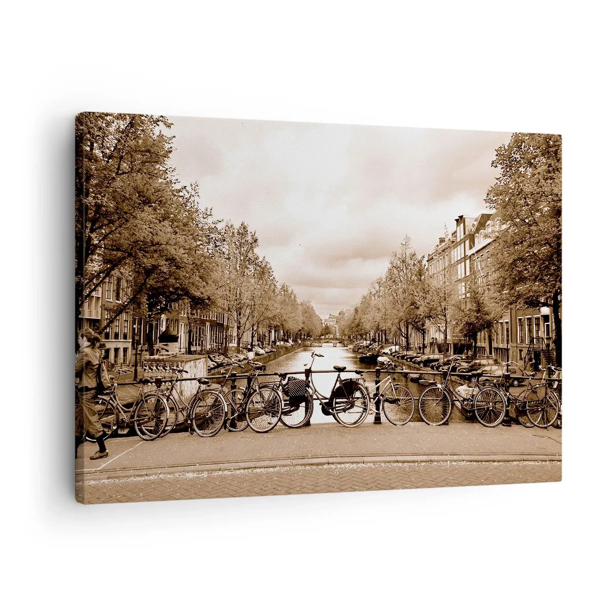 Obraz na plátně - Cyklistický most přes kanál v sépiové barvě - 70x50cm - Nizozemské klima - Moderní nástěnná dekorace do obývacího pokoje a ložnice ARTTOR