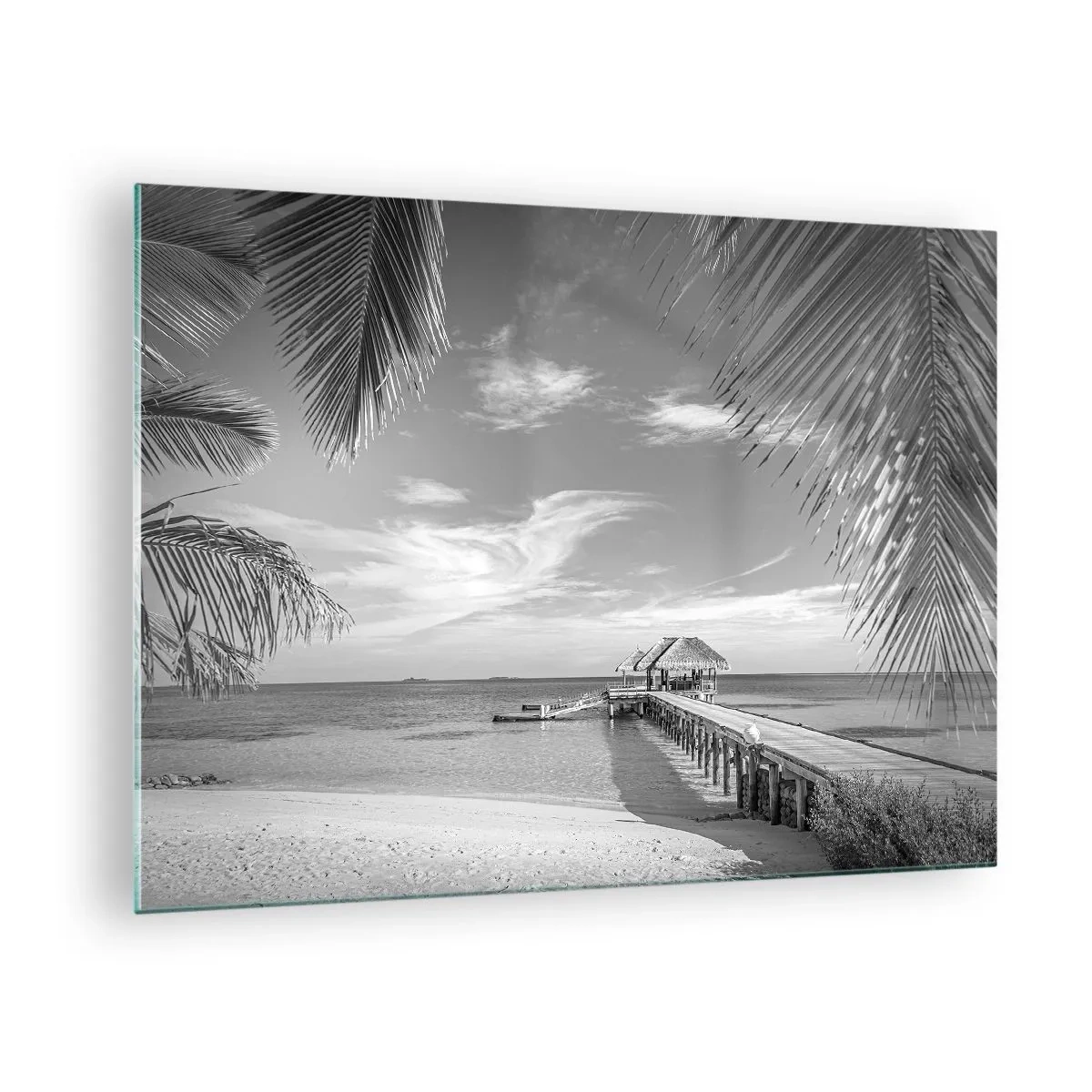 Obraz na skle - Černobílý snímek tropické pláže s molem - 70x50cm - Vzpomínka nebo sen? - Moderní nástěnná dekorace do obývacího pokoje a ložnice ARTTOR