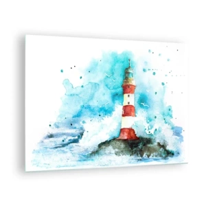 Obraz na skle - Maják obklopený mořskými vlnami ve stylu akvarelu - 70x50cm - Jednota živlů - Moderní nástěnná dekorace do obývacího pokoje a ložnice ARTTOR