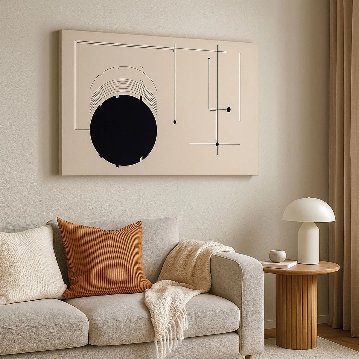 Obraz na plátně - Černé geometrické čáry a kruh na béžovém pozadí - 70x50cm - Pružná a dynamická kompozice - Moderní nástěnná dekorace do obývacího pokoje a ložnice ARTTOR