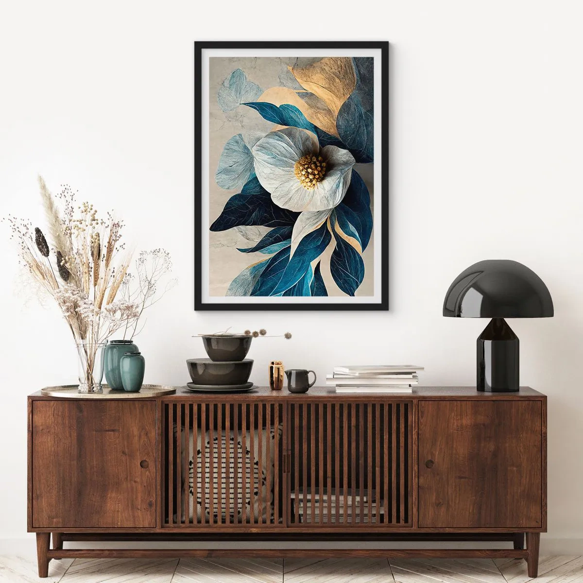 Plakát v černém rámu - Elegantní květina v odstínech tmavě modré a zlaté - 50x70cm - Zlaté srdce - Moderní nástěnná dekorace do obývacího pokoje a ložnice ARTTOR