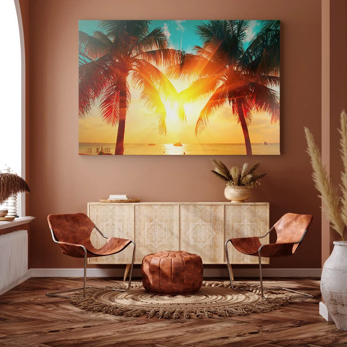 Obraz na plátně - Palmy ozářené teplým světlem zapadajícího slunce - 70x50cm - Exotický pár - Moderní nástěnná dekorace do obývacího pokoje a ložnice ARTTOR