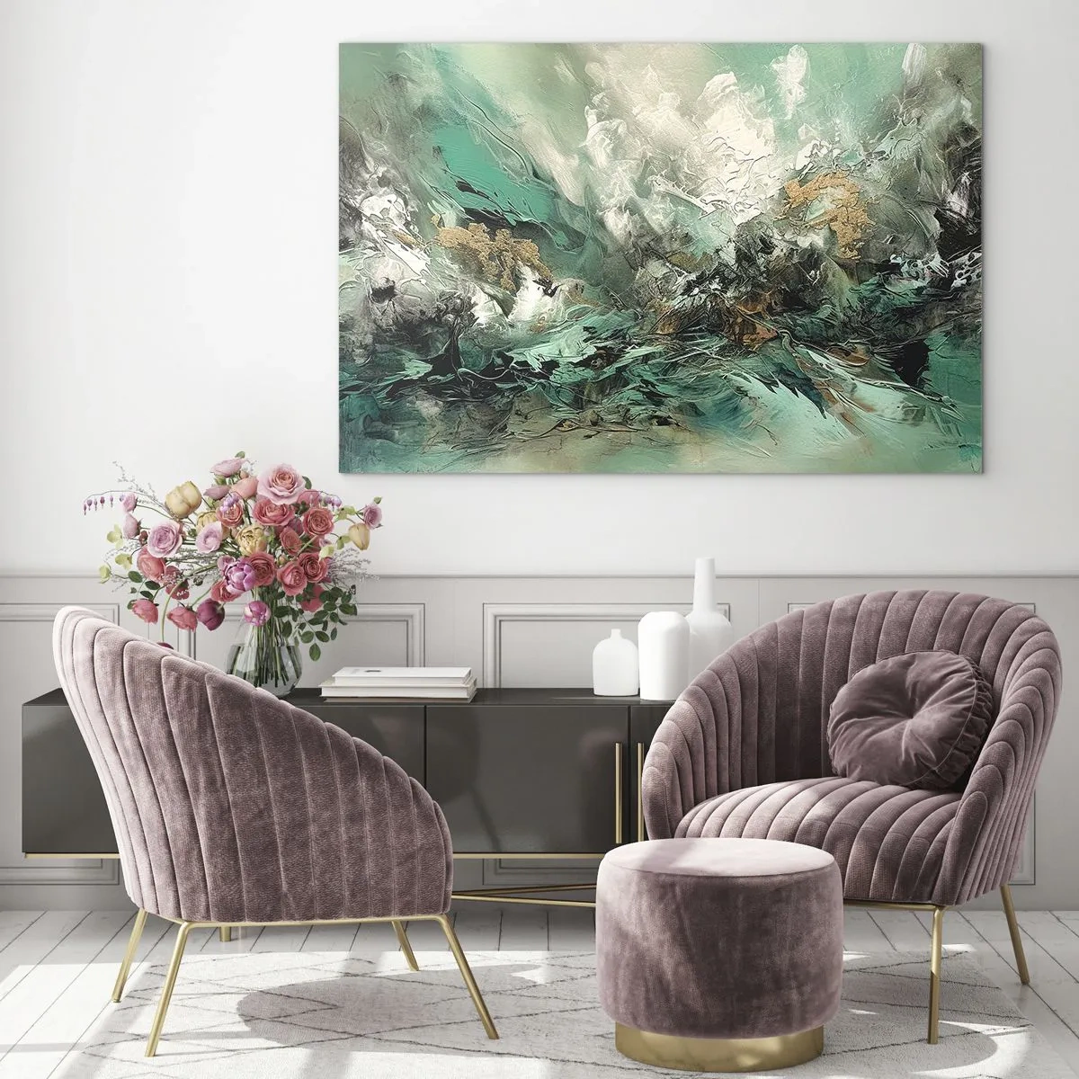 Obraz na skle - Abstraktní kompozice v odstínech smaragdové, černé a bílé. - 70x50cm - Smaragdově černé vlnobití - Moderní nástěnná dekorace do obývacího pokoje a ložnice ARTTOR