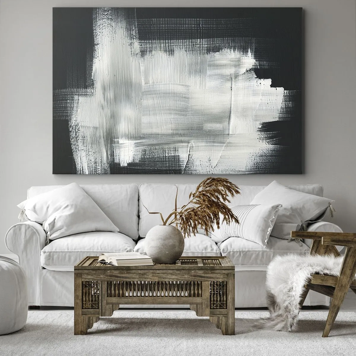 Obraz na plátně - Bílé abstraktní tahy na tmavém pozadí - 70x50cm - Utkané svisle a vodorovně - Moderní nástěnná dekorace do obývacího pokoje a ložnice ARTTOR