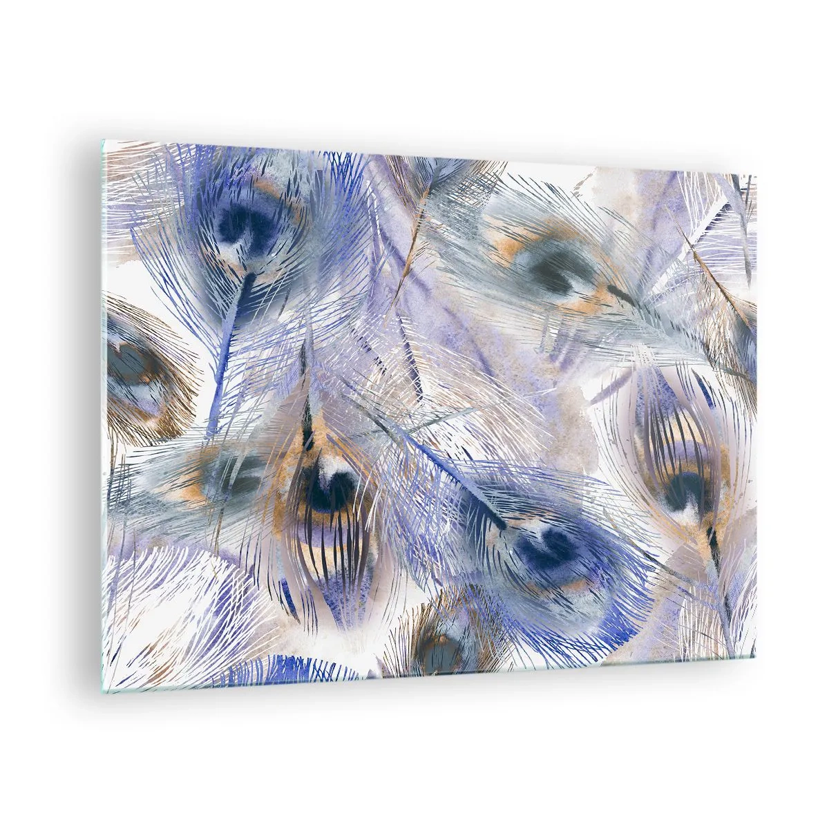 Obraz na skle - Jemná paví peří v odstínech modré a hnědé - 70x50cm - Kompozice pavího oka - Moderní nástěnná dekorace do obývacího pokoje a ložnice ARTTOR