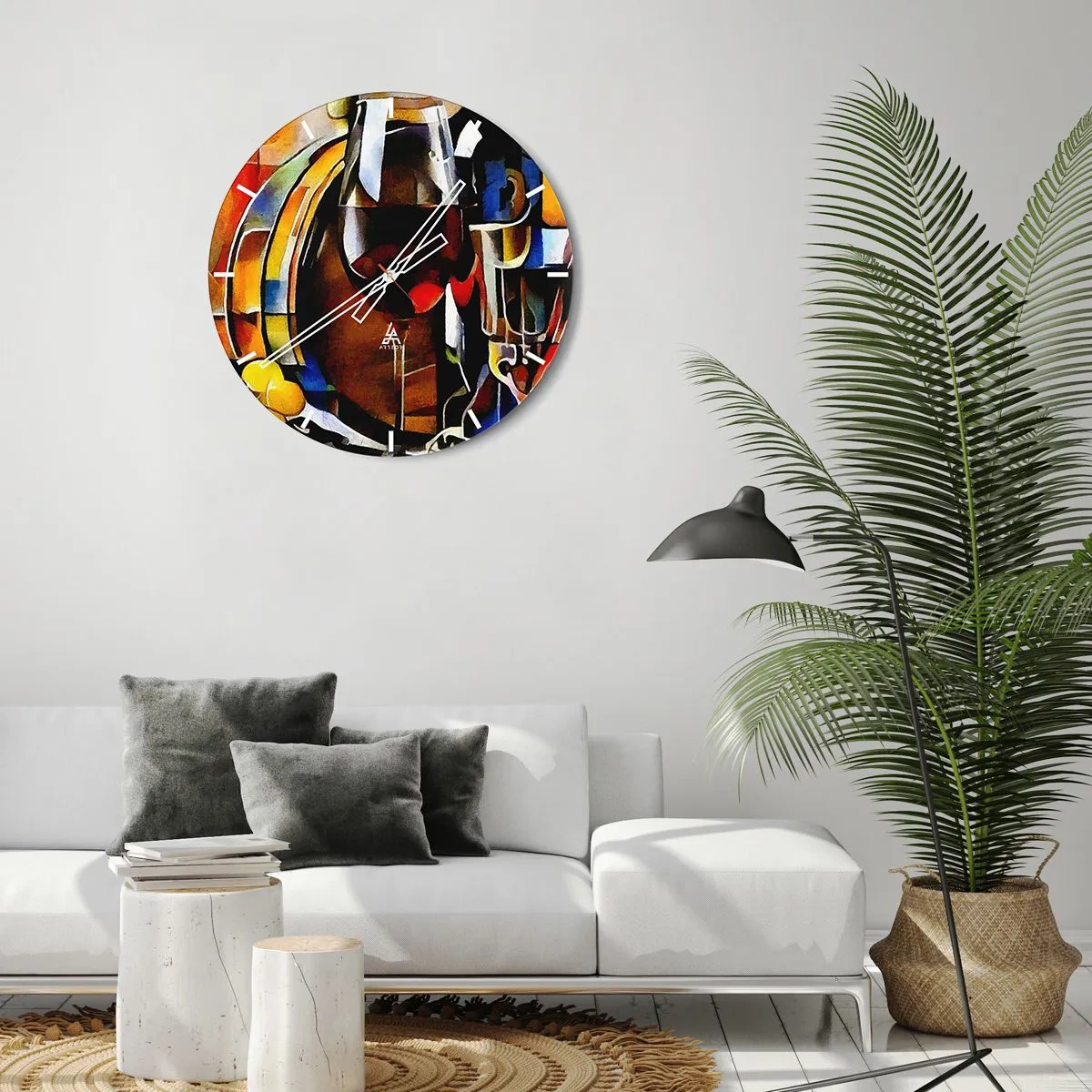 Nástěnné hodiny - Abstraktní zátiší s brýlemi a lahví v intenzivních barvách. - 30x30cm - I svět dostává barvy - Moderní nástěnná dekorace do obývacího pokoje, kuchyně a ložnice ARTTOR
