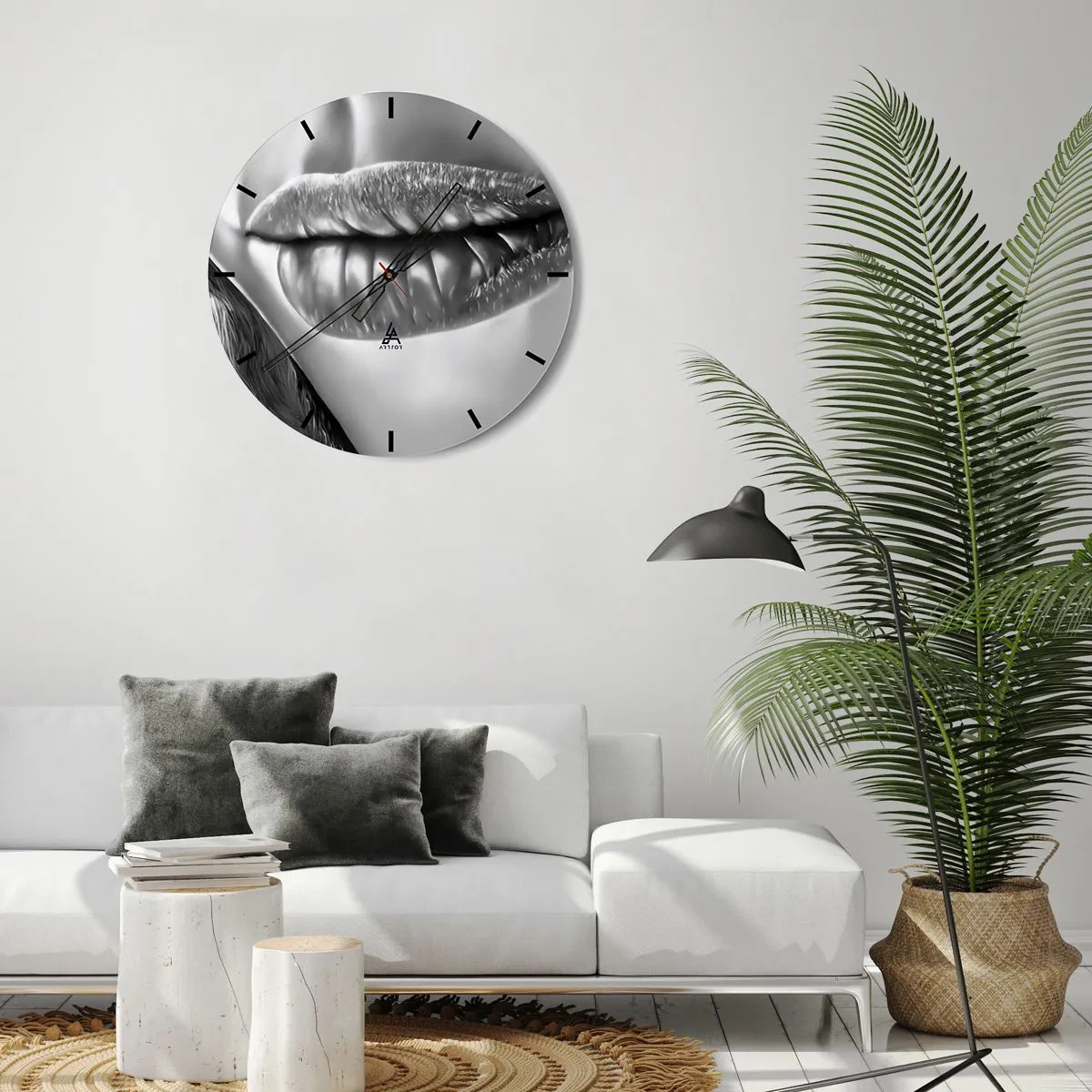 Nástěnné hodiny - Smyslné rty v černobílých tónech - 30x30cm - Vím, na co myslíš… - Moderní nástěnná dekorace do obývacího pokoje, kuchyně a ložnice ARTTOR