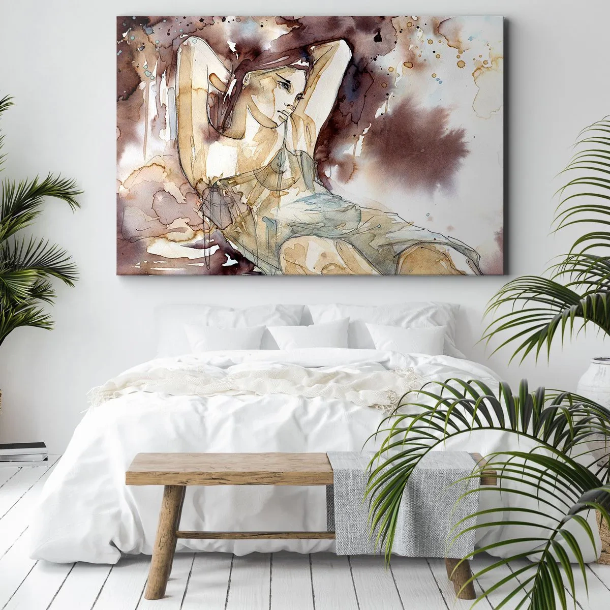 Obraz na plátně - Žena v uměleckém stylu akvarelu s hnědým pozadím - 70x50cm - V náladě lila - Moderní nástěnná dekorace do obývacího pokoje a ložnice ARTTOR