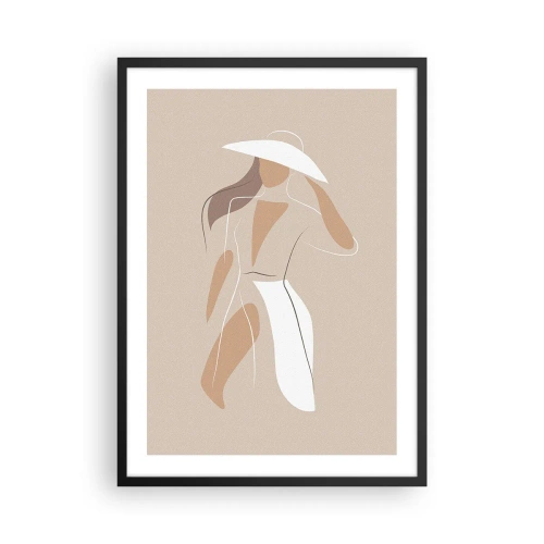 Plakát v černém rámu - Minimalistická silueta ženy v klobouku na béžovém pozadí. - 50x70cm - Móda je zábava - Moderní nástěnná dekorace do obývacího pokoje a ložnice ARTTOR