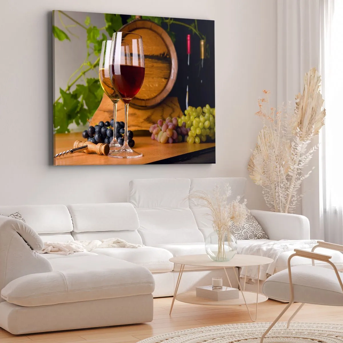 Obraz na plátně - Sklenice vína s hrozny, sud a lahve na dřevěném stole - 70x50cm - Jako u starých mistrů - Moderní nástěnná dekorace do obývacího pokoje a ložnice ARTTOR