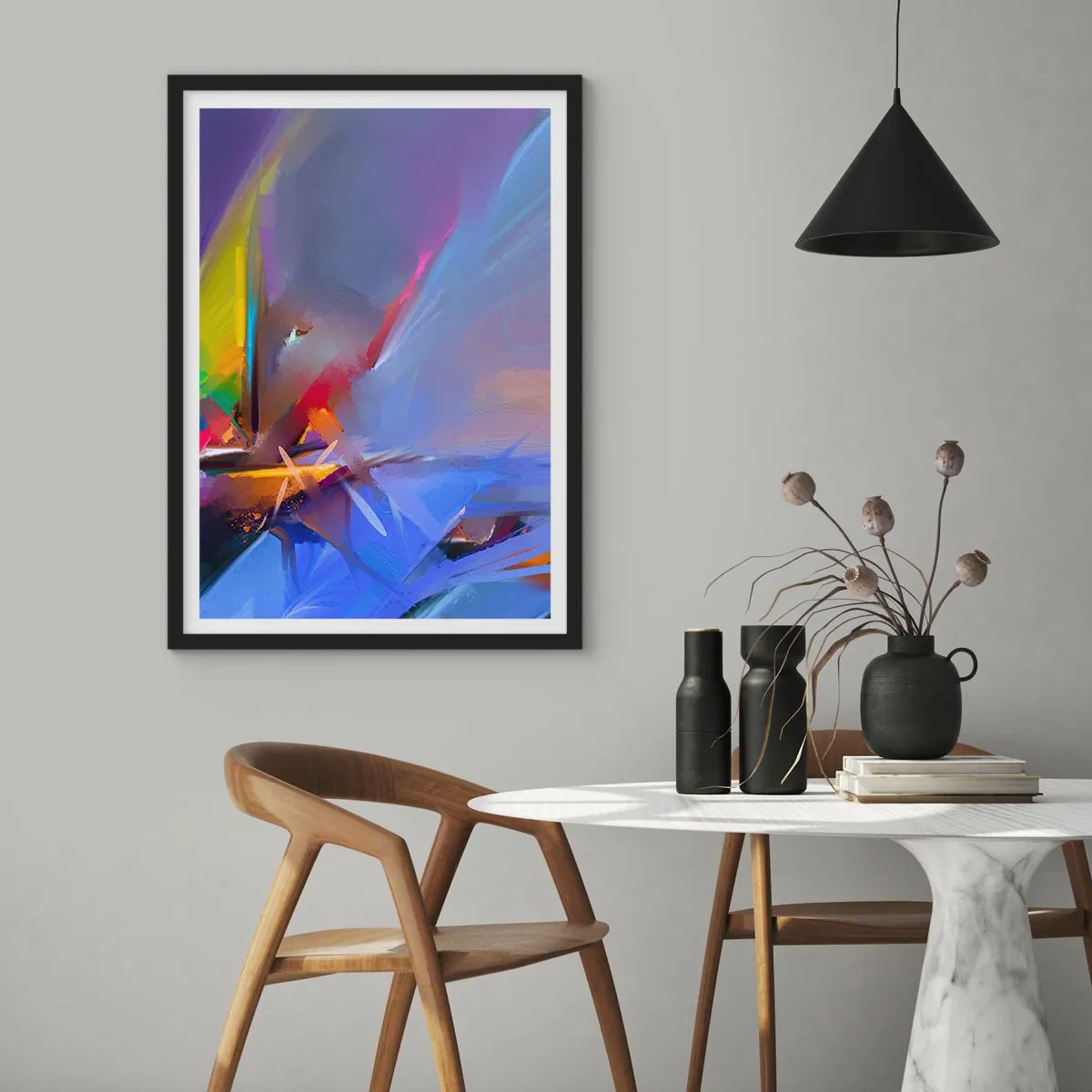 Plakát v černém rámu - Abstraktní hra barev v dynamické kompozici - 50x70cm - Proletěla jako pták - Moderní nástěnná dekorace do obývacího pokoje a ložnice ARTTOR