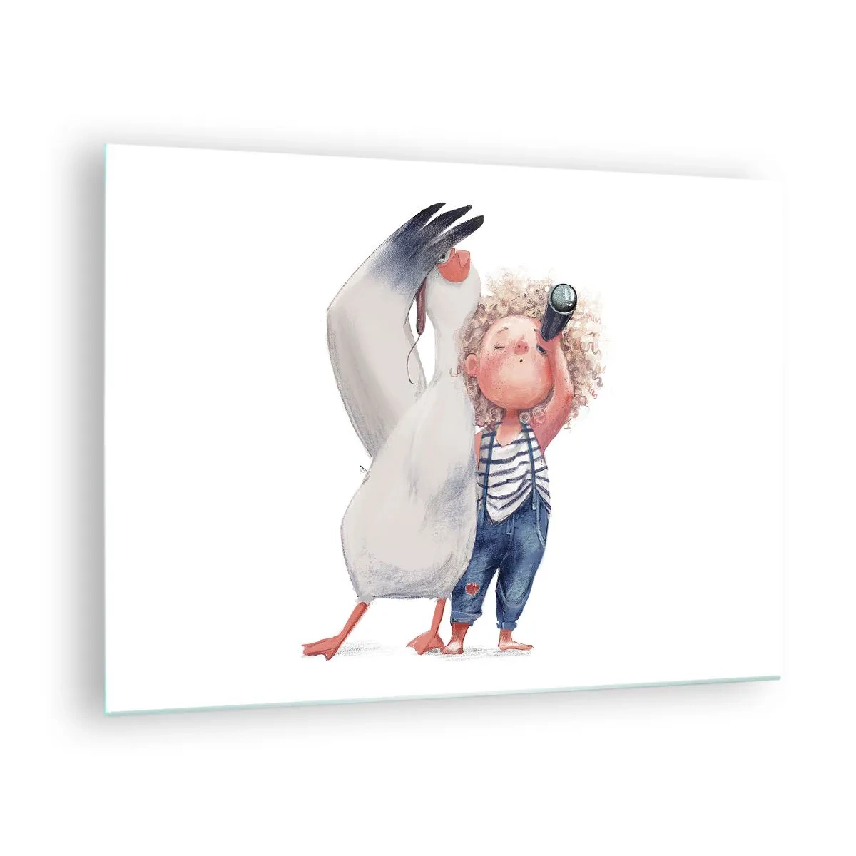 Obraz na skle - Dítě s dalekohledem a čáp v zábavném stylu ilustrace - 70x50cm - Plán na skvělou cestu - Moderní nástěnná dekorace do obývacího pokoje a ložnice ARTTOR