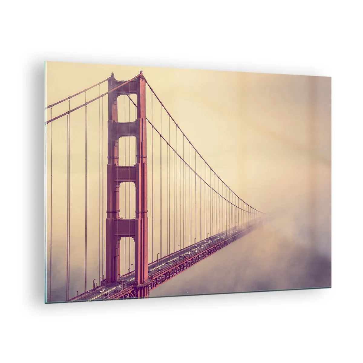 Obraz na skle - Golden Gate Bridge v San Franciscu v mlhavé krajině - 70x50cm - Mezi nebem a zemí - Moderní nástěnná dekorace do obývacího pokoje a ložnice ARTTOR