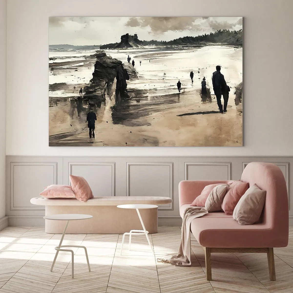 Obraz na skle - Siluety kráčející po široké pláži pod zataženou oblohou - 70x50cm - Vyvolaní - Moderní nástěnná dekorace do obývacího pokoje a ložnice ARTTOR
