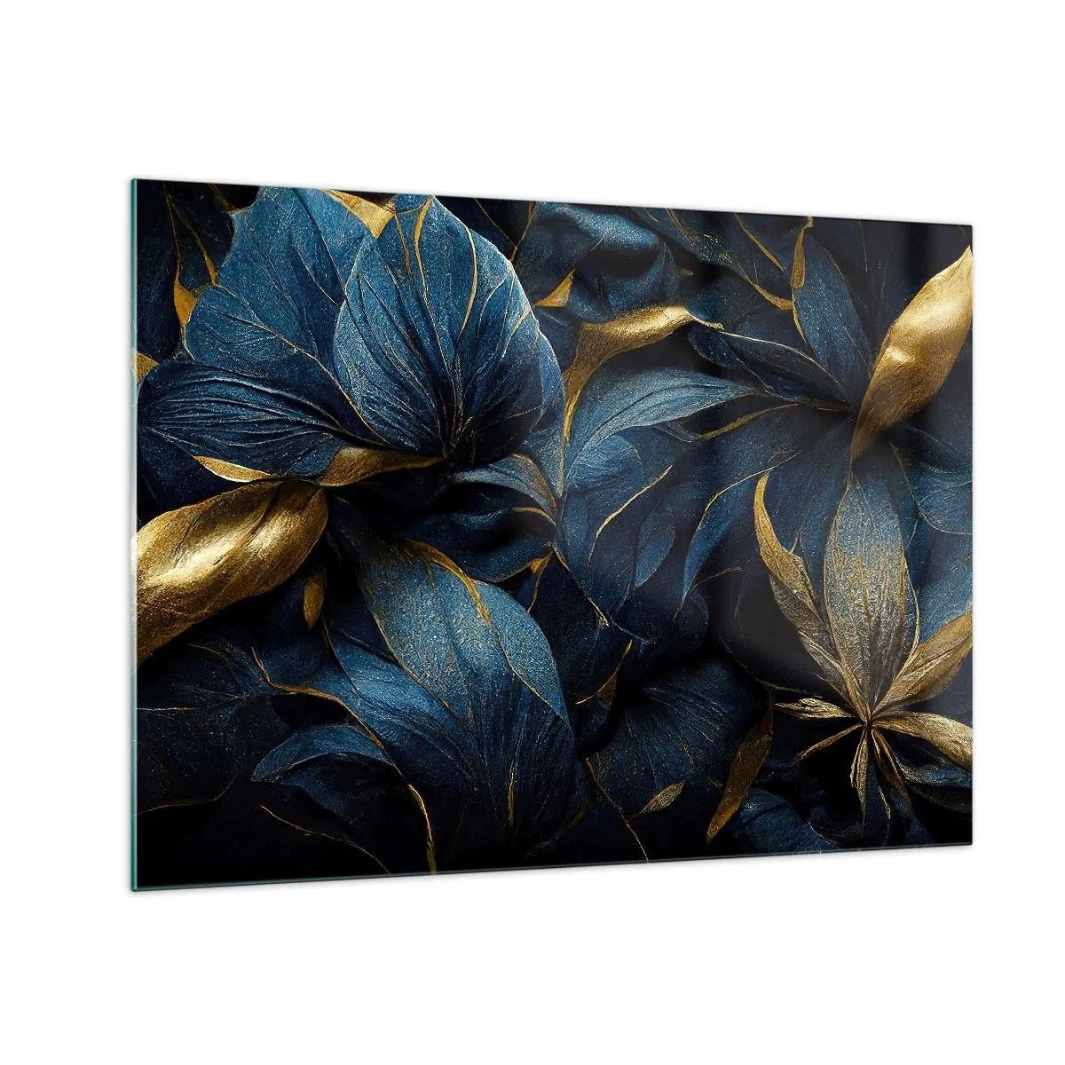Obraz na skle - Tmavě modré listy s jemnými zlatými akcenty - 70x50cm - Podšívané zlatem - Moderní nástěnná dekorace do obývacího pokoje a ložnice ARTTOR