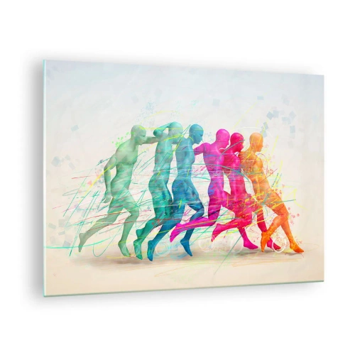 Obraz na skle - Barevný abstrakt znázorňující pohyb běžící postavy - 70x50cm - Harmonie pohybu - Moderní nástěnná dekorace do obývacího pokoje a ložnice ARTTOR