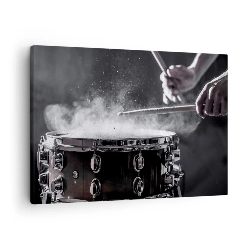Obraz na plátně - Údery paličkami do malého bubnu s efektem prachu - 70x50cm - Puls hudby - Moderní nástěnná dekorace do obývacího pokoje a ložnice ARTTOR