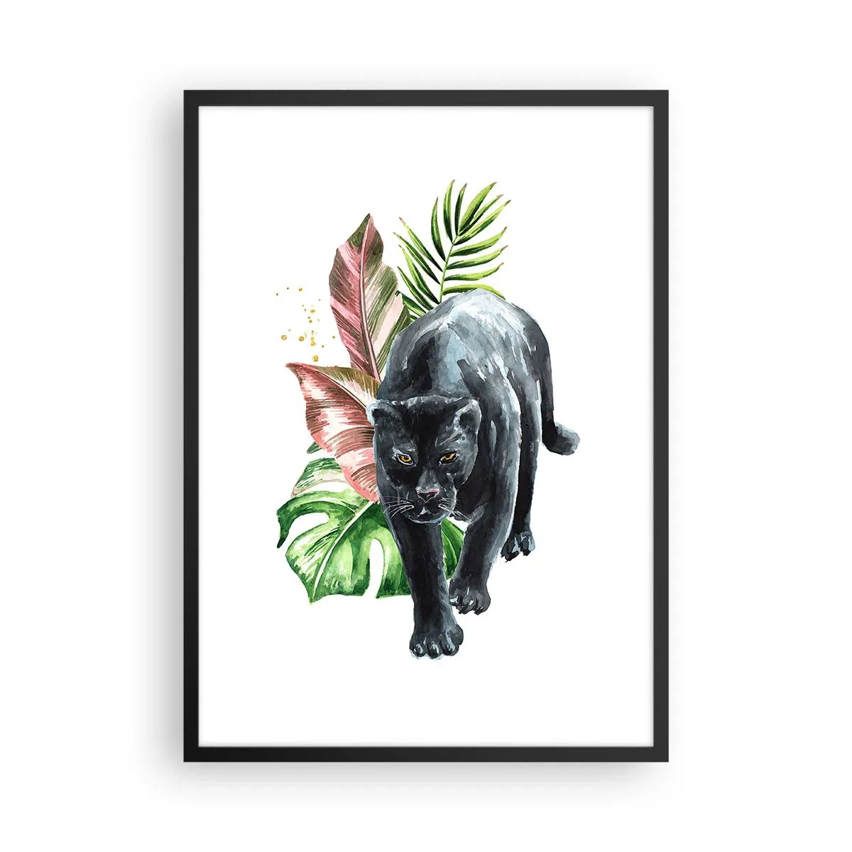 Plakát v černém rámu - Černý panter na pozadí tropických listů - 50x70cm - Zběsilost v srdci - Moderní nástěnná dekorace do obývacího pokoje a ložnice ARTTOR