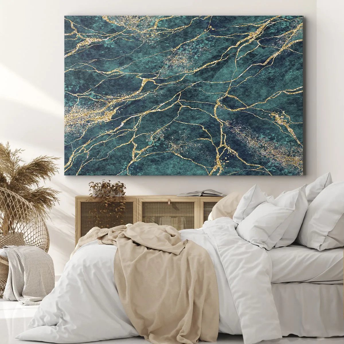 Obraz na plátně - Texturovaný mramorový vzor v odstínech tyrkysové a zlaté - 70x50cm - Zlatá žíla - Moderní nástěnná dekorace do obývacího pokoje a ložnice ARTTOR