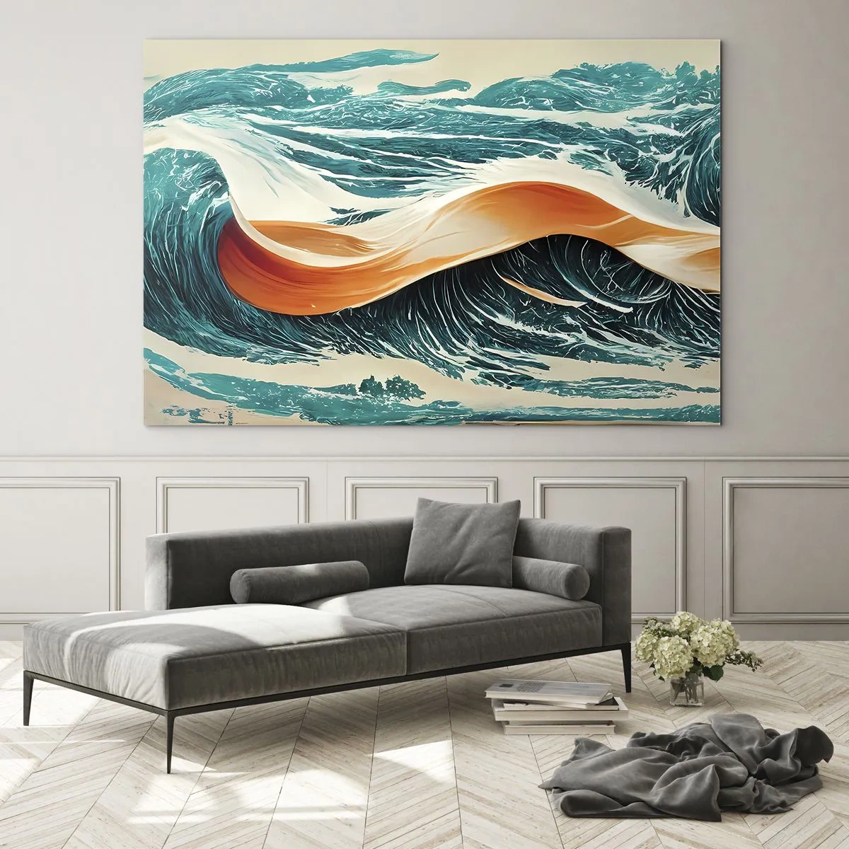 Obraz na skle - Tyrkysové vlny s oranžovou stuhou v surrealistickém stylu - 70x50cm - Surfařův sen - Moderní nástěnná dekorace do obývacího pokoje a ložnice ARTTOR
