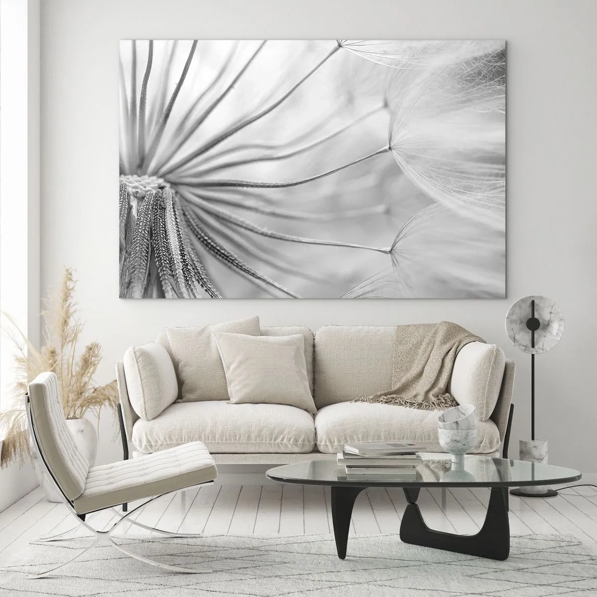 Obraz na skle - Makrofotografie pampelišky v odstínech černé a bílé - 70x50cm - Pampelišky - Moderní nástěnná dekorace do obývacího pokoje a ložnice ARTTOR