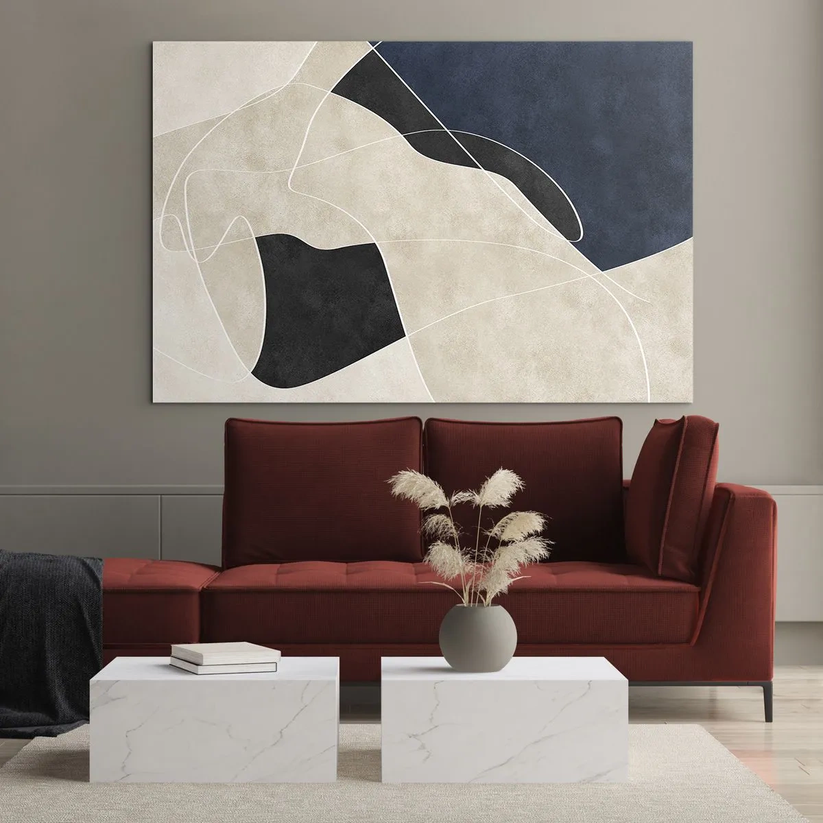 Obraz na skle - Moderní abstrakce s kontrastními formami a liniemi - 70x50cm - Abstraktní kompozice – kontrast barev - Moderní nástěnná dekorace do obývacího pokoje a ložnice ARTTOR